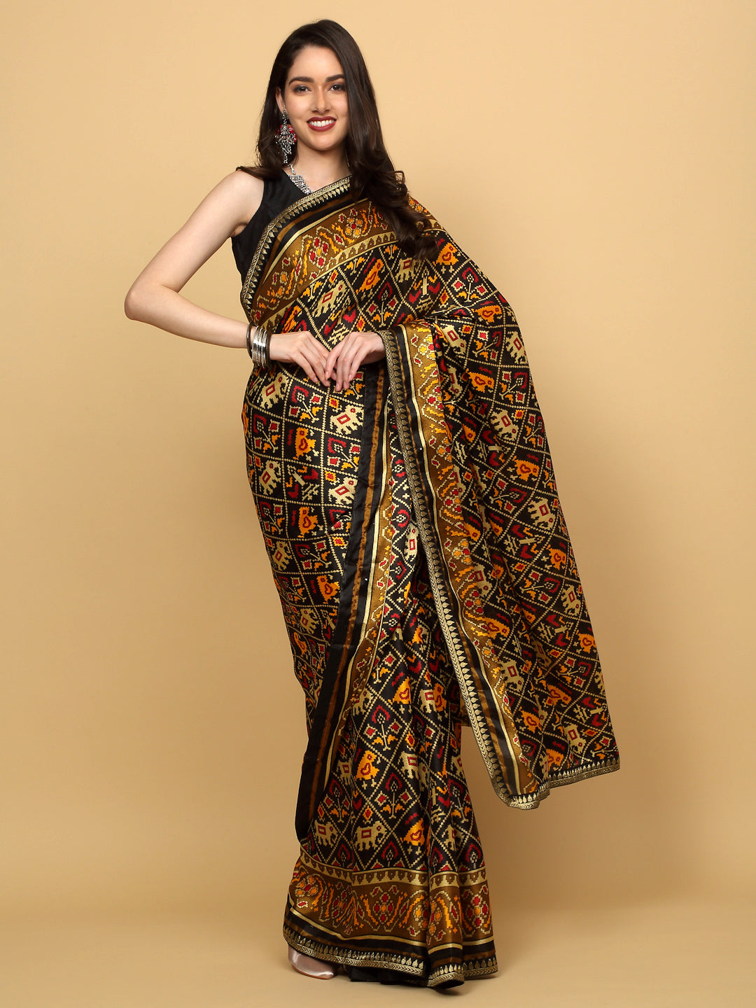 Abstract Black Printed Brightmoss Saree