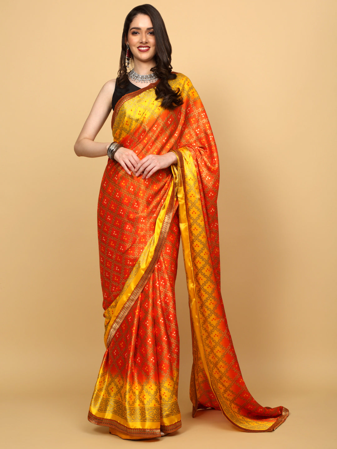 Anouk Print Brightmoss Yellow Saree
