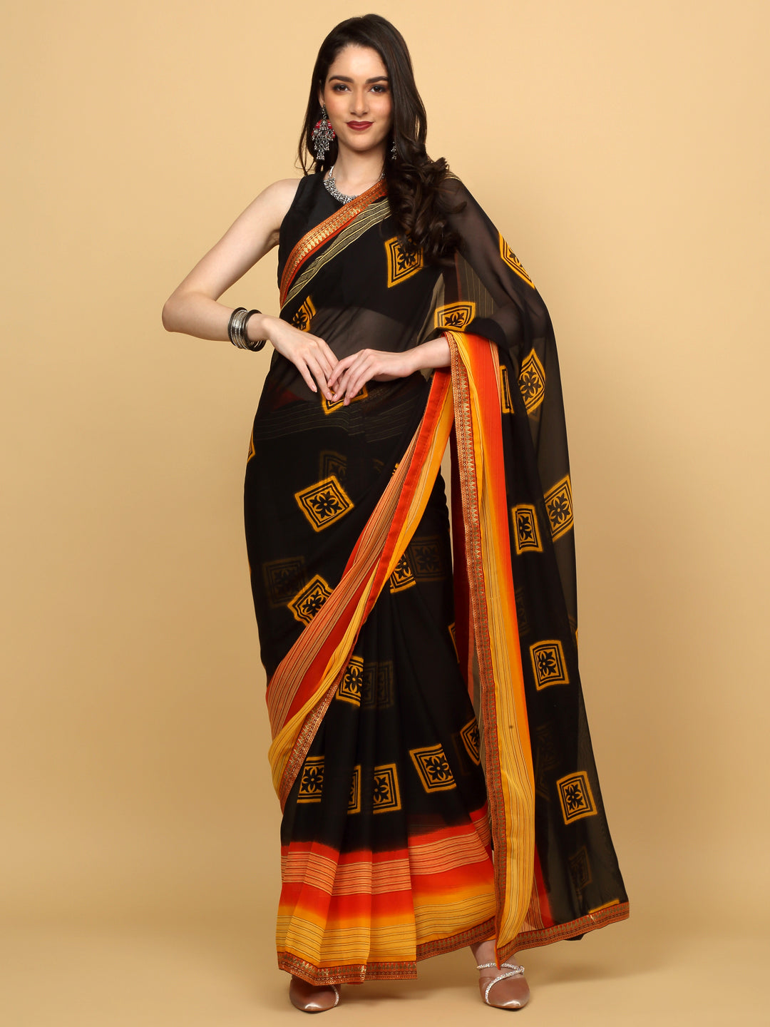 Trendy Black Printed Saree