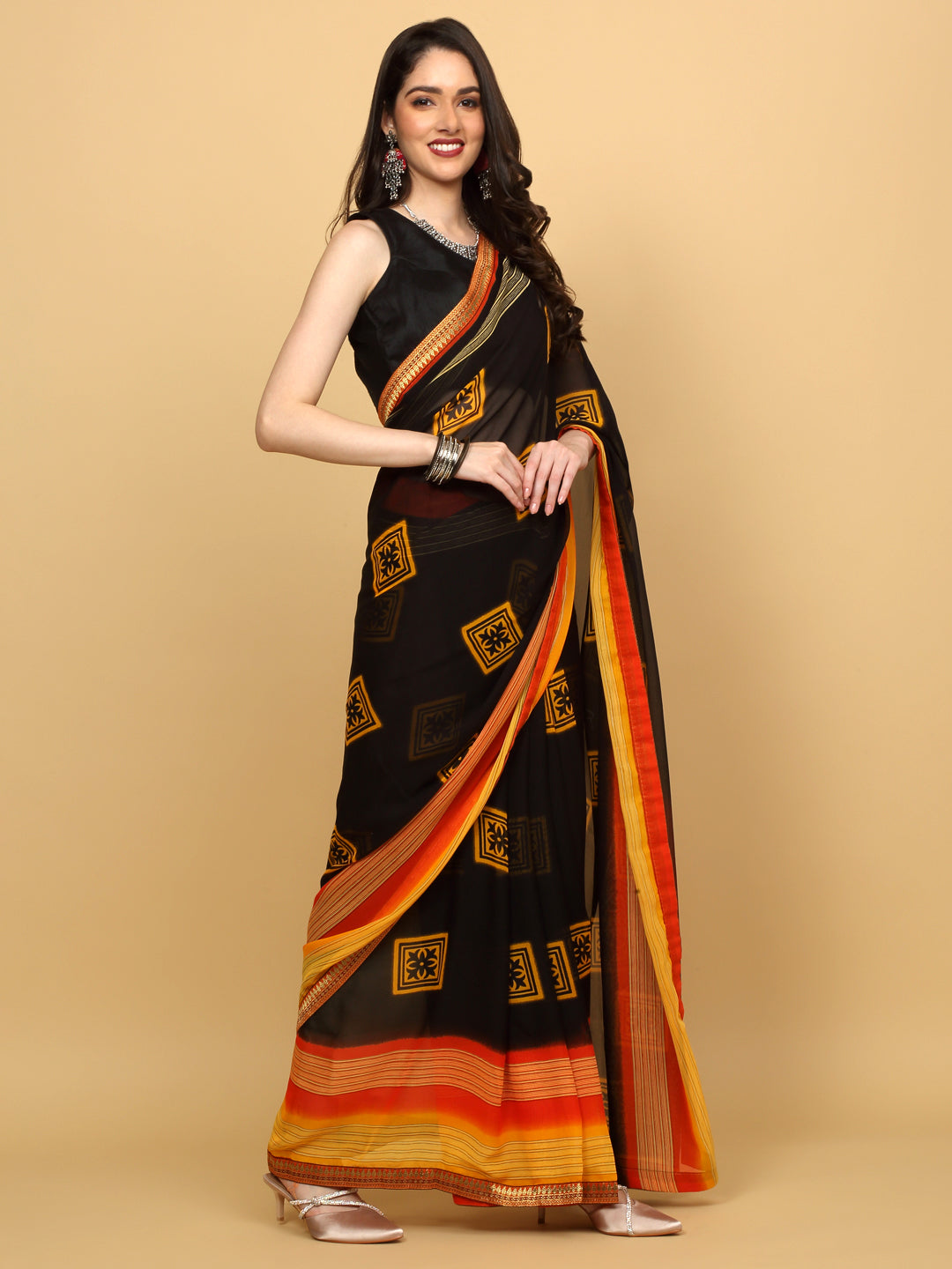 Trendy Black Printed Saree