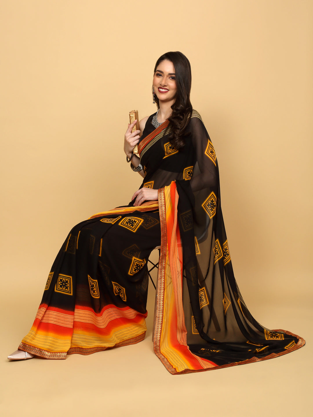 Trendy Black Printed Saree