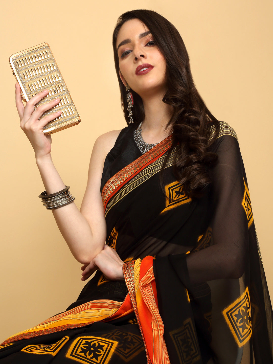 Trendy Black Printed Saree